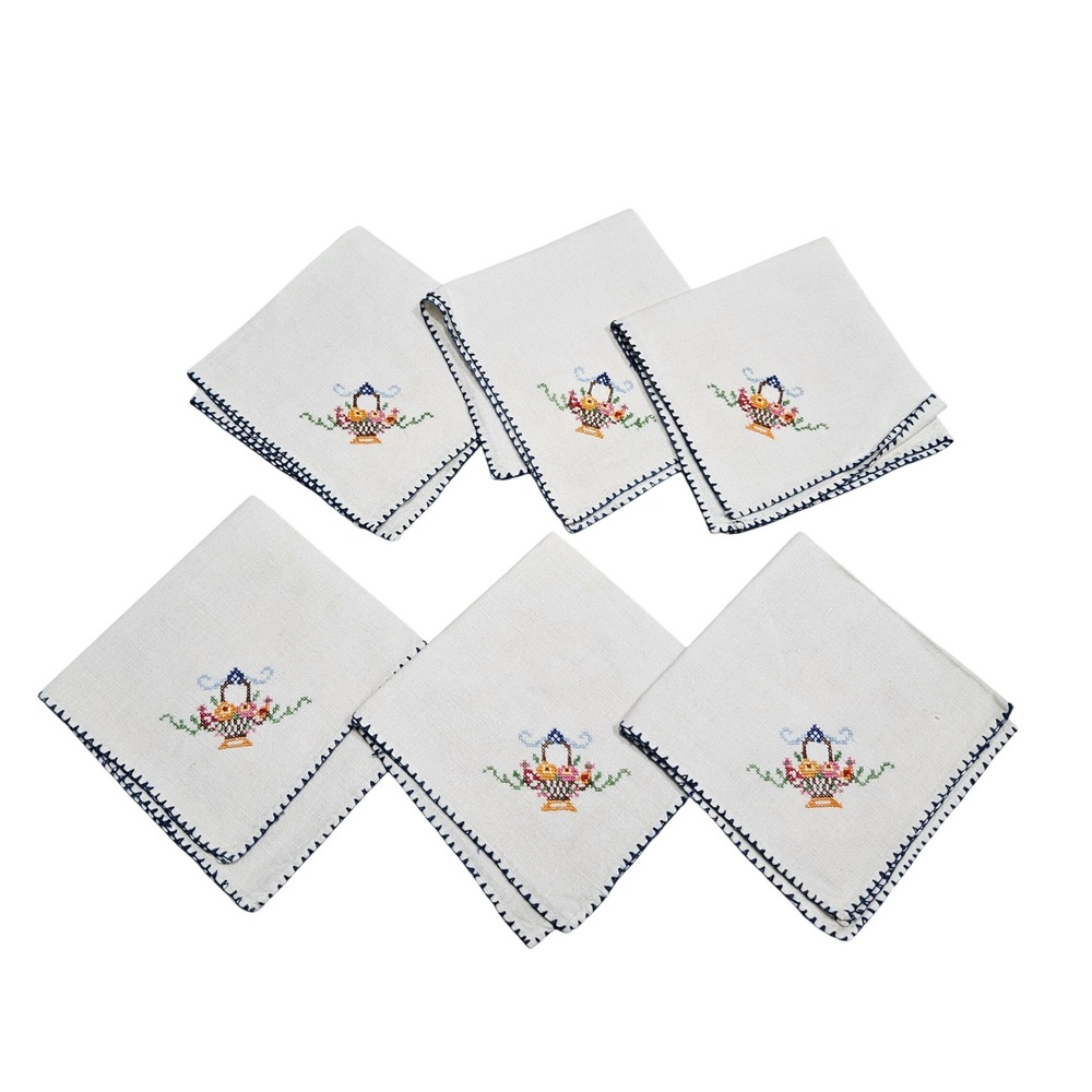 Vintage Cloth Napkins White Floral Cross Stitch Vintage Cottagecore‎ Oriental